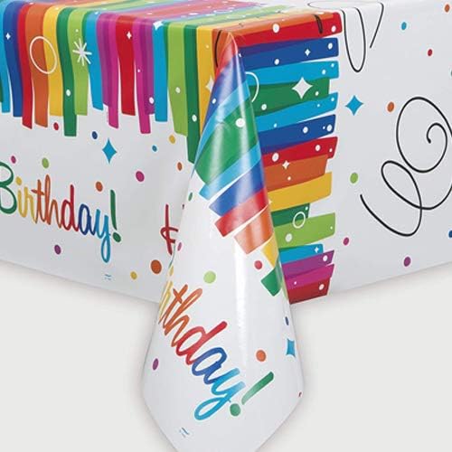 Plastic Rainbow Ribbons Birthday Tablecloth 7ft x 4.5ft - Rectangular Party Table Cover