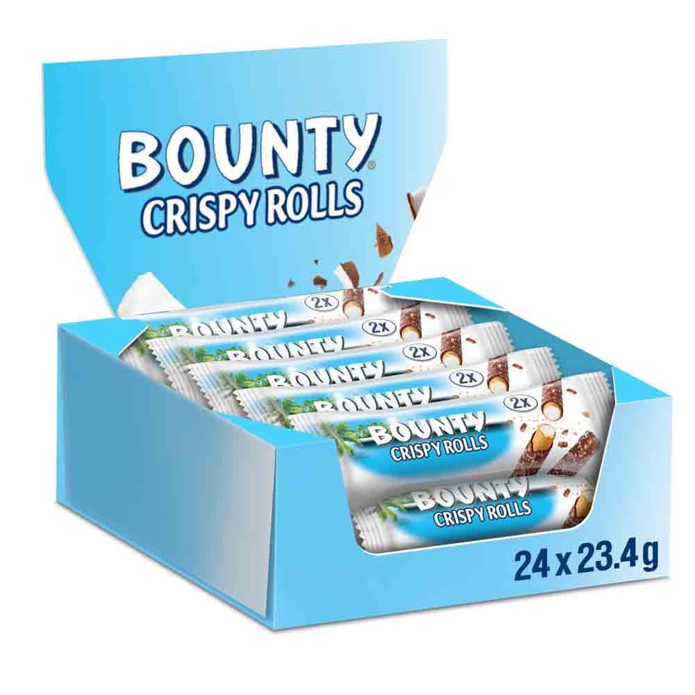 Bounty Crispy Rolls, Milk Chocolate, Coconut, Biscuit Snack Bar, 24-Pack