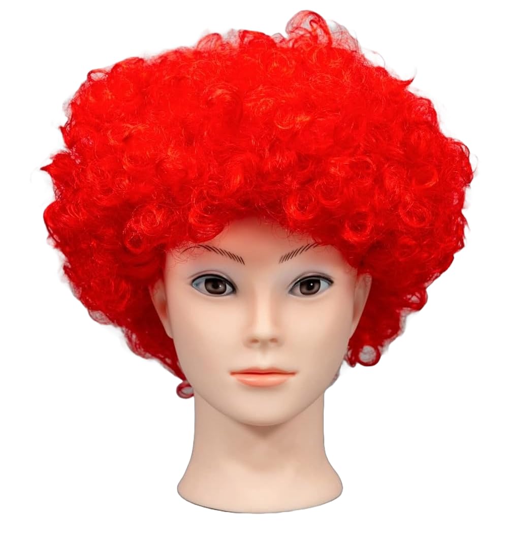 SHATCHI Red Curly Afro Wig for Fancy Dress, 70s Disco Costume, Unisex Party Accessory