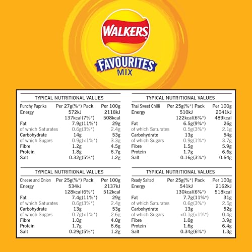 Walkers Favourites Mix Multipack Crisps 18 Pack - Cheese & Onion, Ready Salted, Paprika, Thai Sweet Chilli