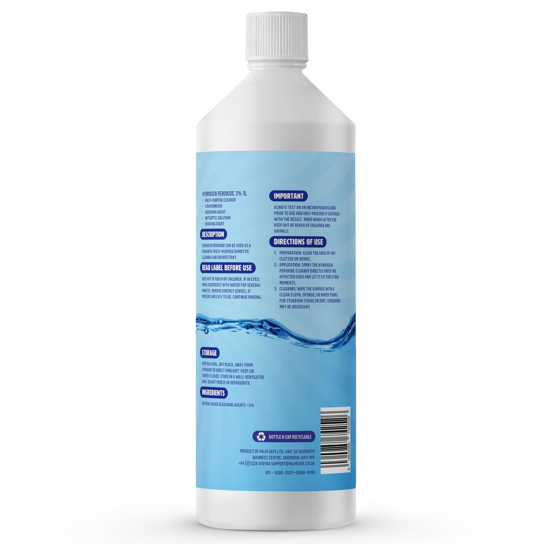 Pure Safe - Hydrogen Peroxide 3% Solution 1 Ltr – Multi-Purpose Household Cleaner