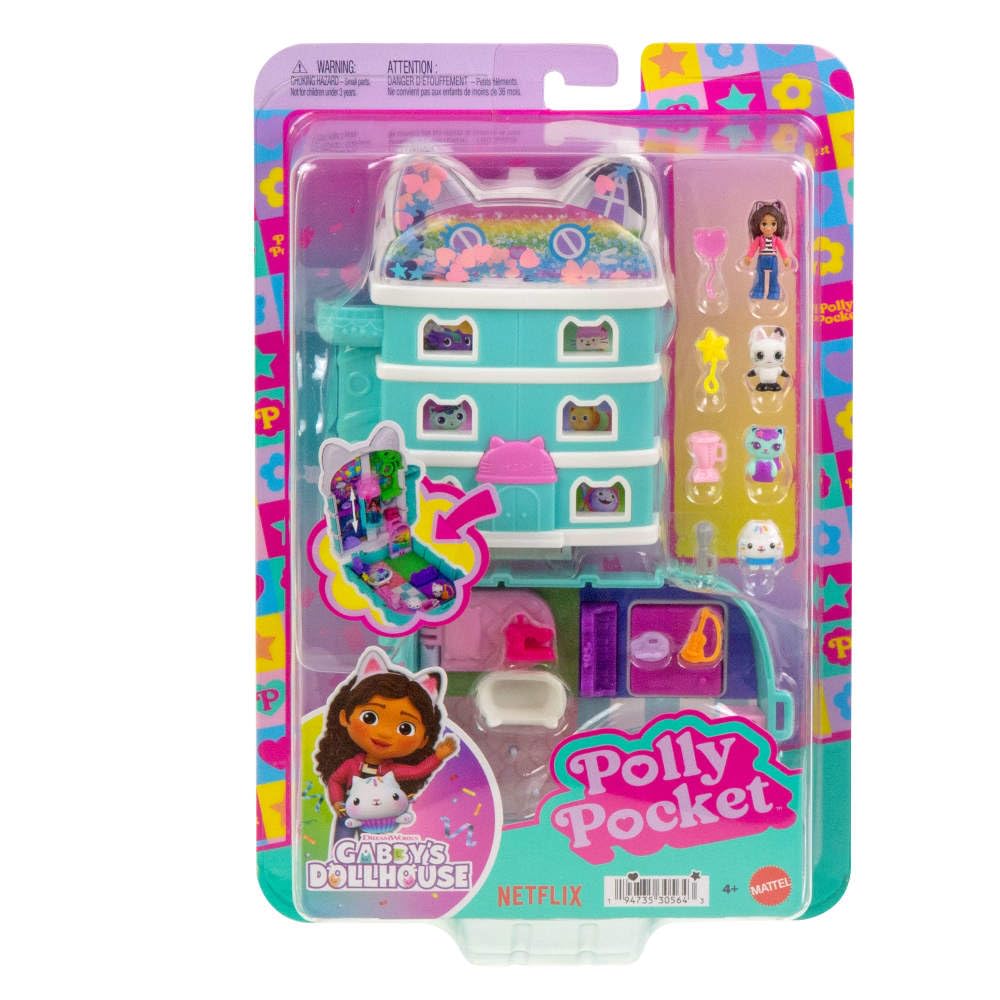 Polly Pocket x Gabby's Dollhouse Playset - 15-Piece Interactive Compact with Doll & Kitty Friends