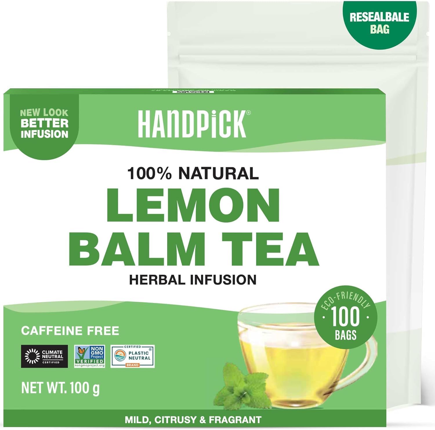 HANDPICK Lemon Balm Tea Bags – 100 Count | Caffeine-Free, Gluten-Free Herbal Tea from India