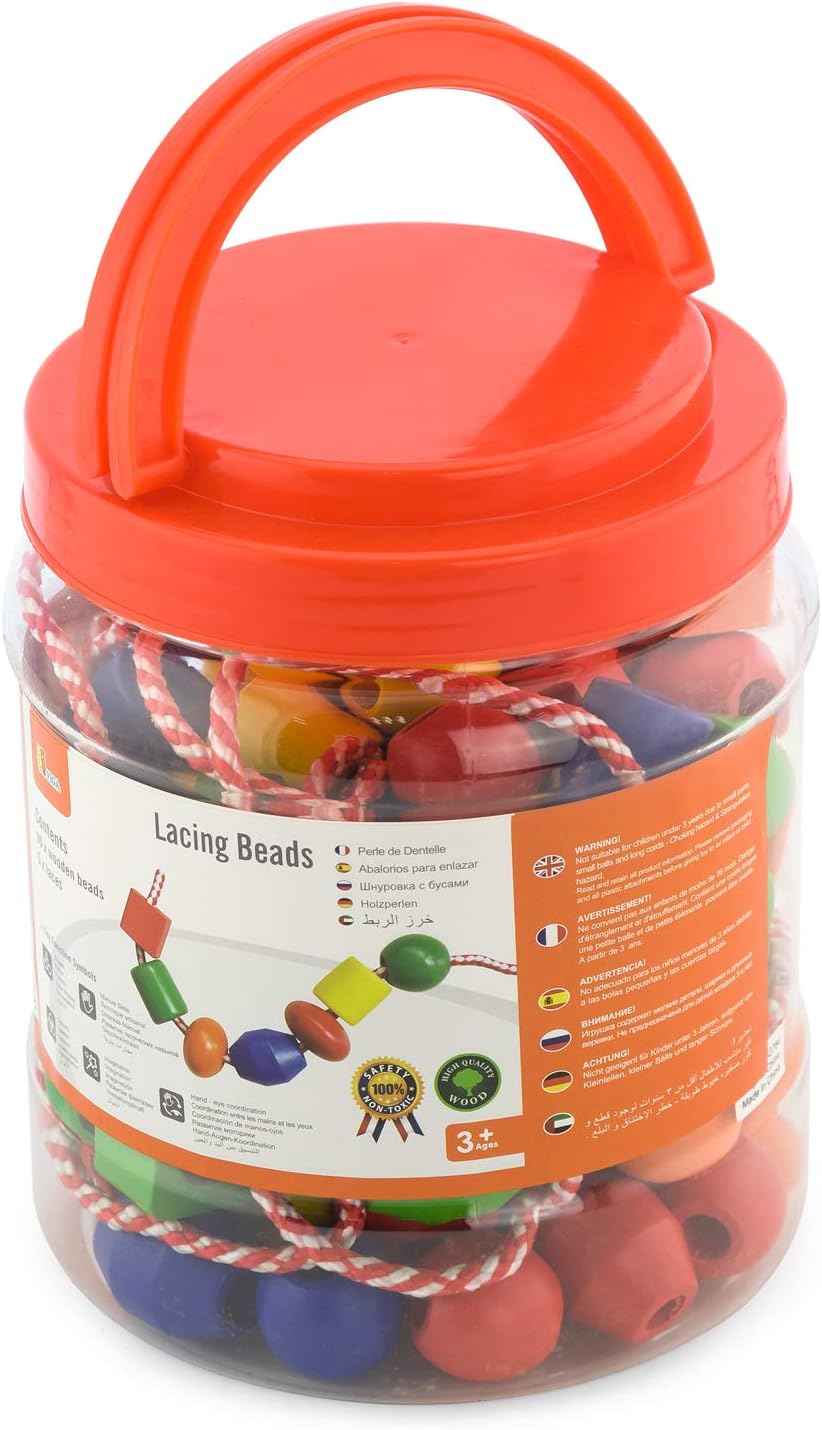 Viga Wooden Jumbo Lacing Beads Tub - Educational Threading Toy for Kids 3+