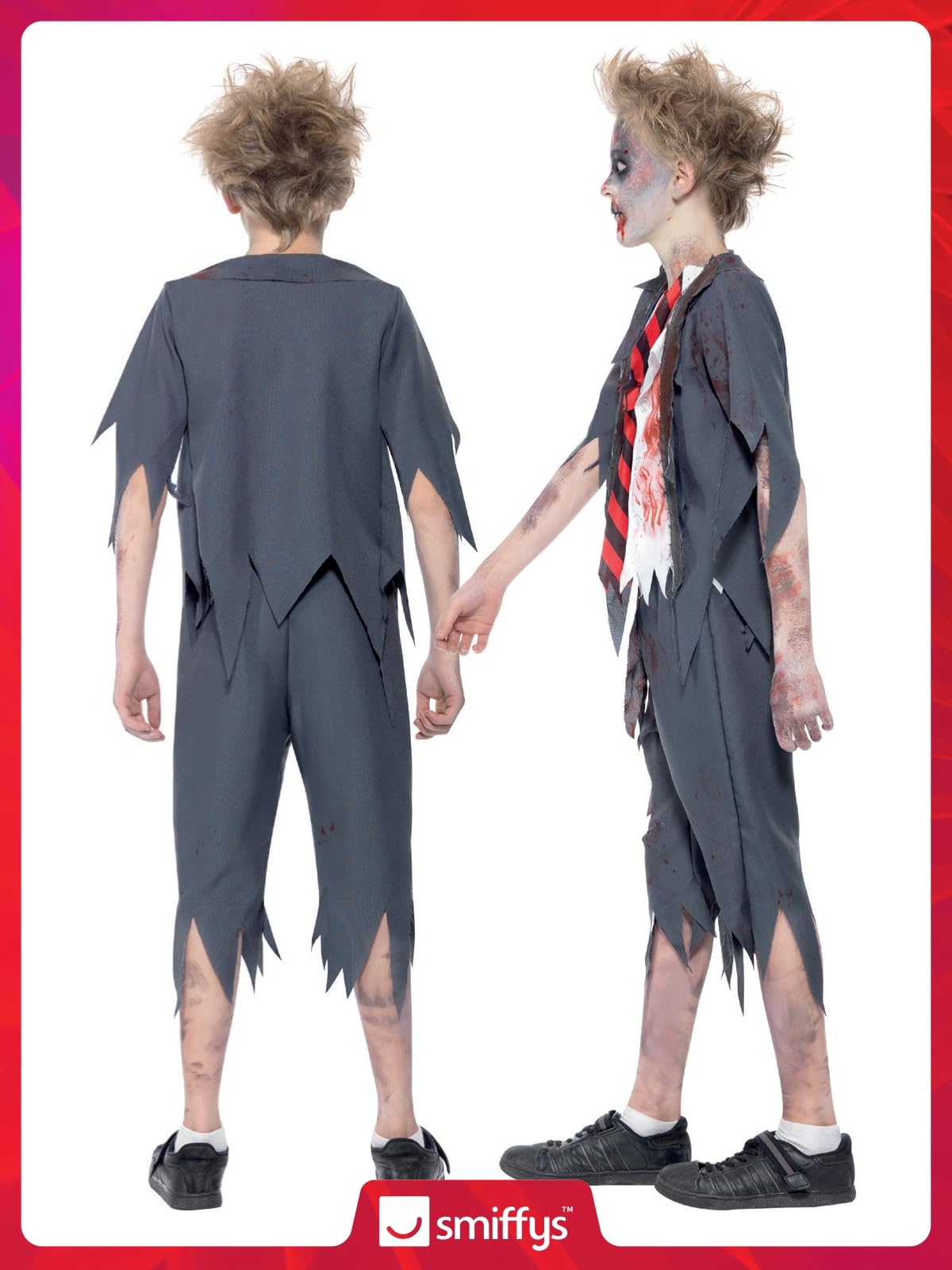 Smiffys Zombie School Boy Costume - Grey with Trousers, Jacket, Mock Shirt & Tie, Ages 10-12