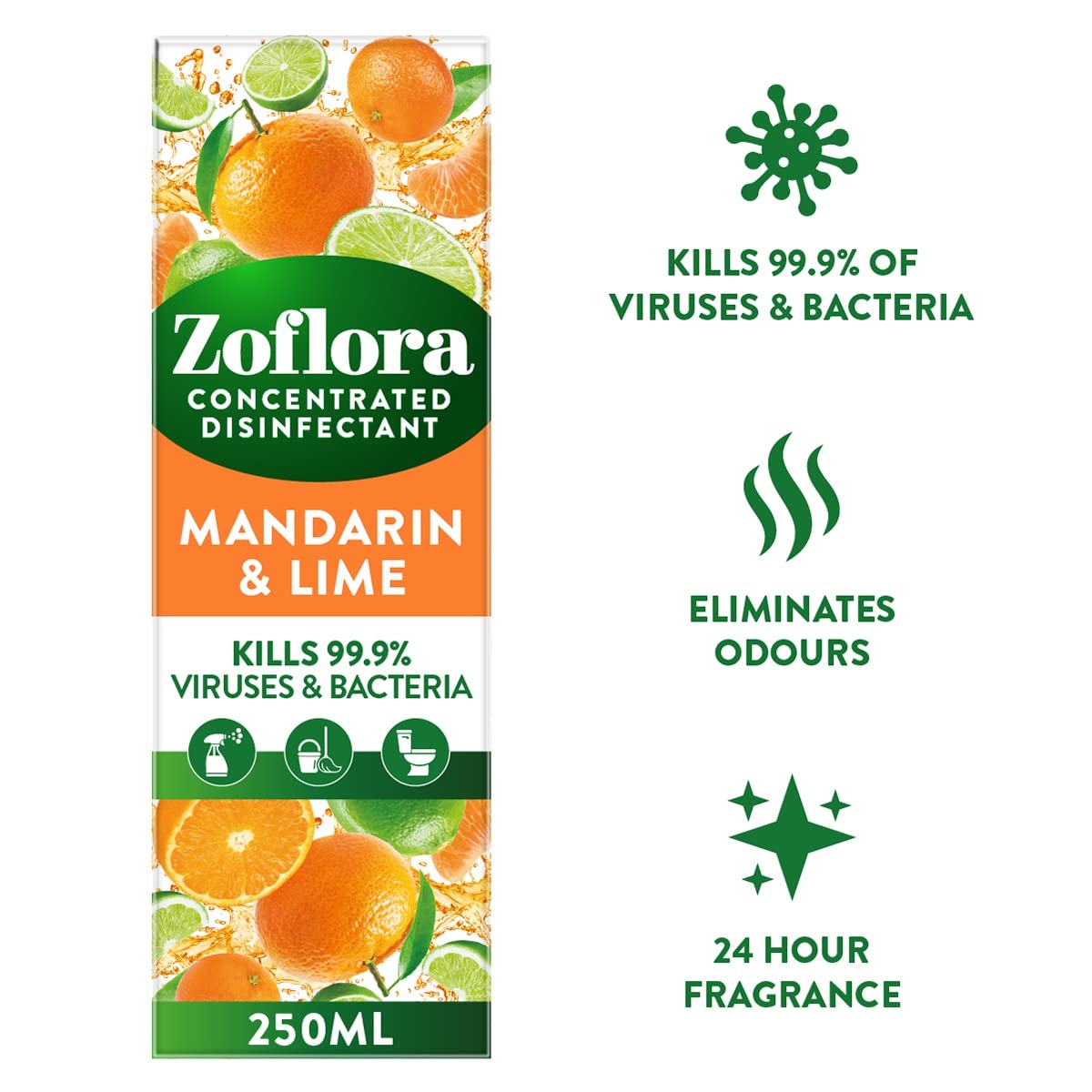 Zoflora Mandarin & Lime 6 x 250ml - Concentrated 3-in-1 Multipurpose Disinfectant