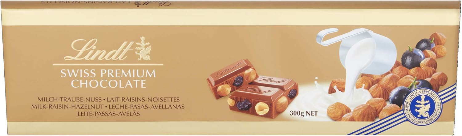 Lindt Swiss Milk Chocolate Hazelnut and Raisin Gold Bar 300g