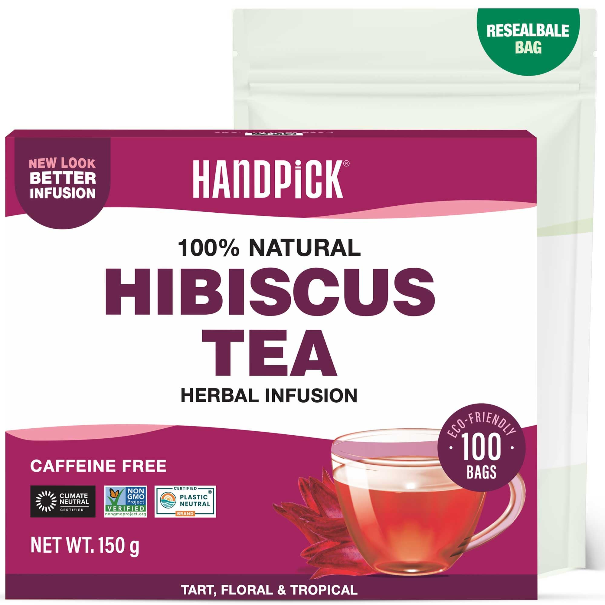 HANDPICK Hibiscus Tea Bags - 100 Count | 100% Pure Herbal Tea | Brew Hot or Iced | Carbon-Neutral & Plastic-Neutral