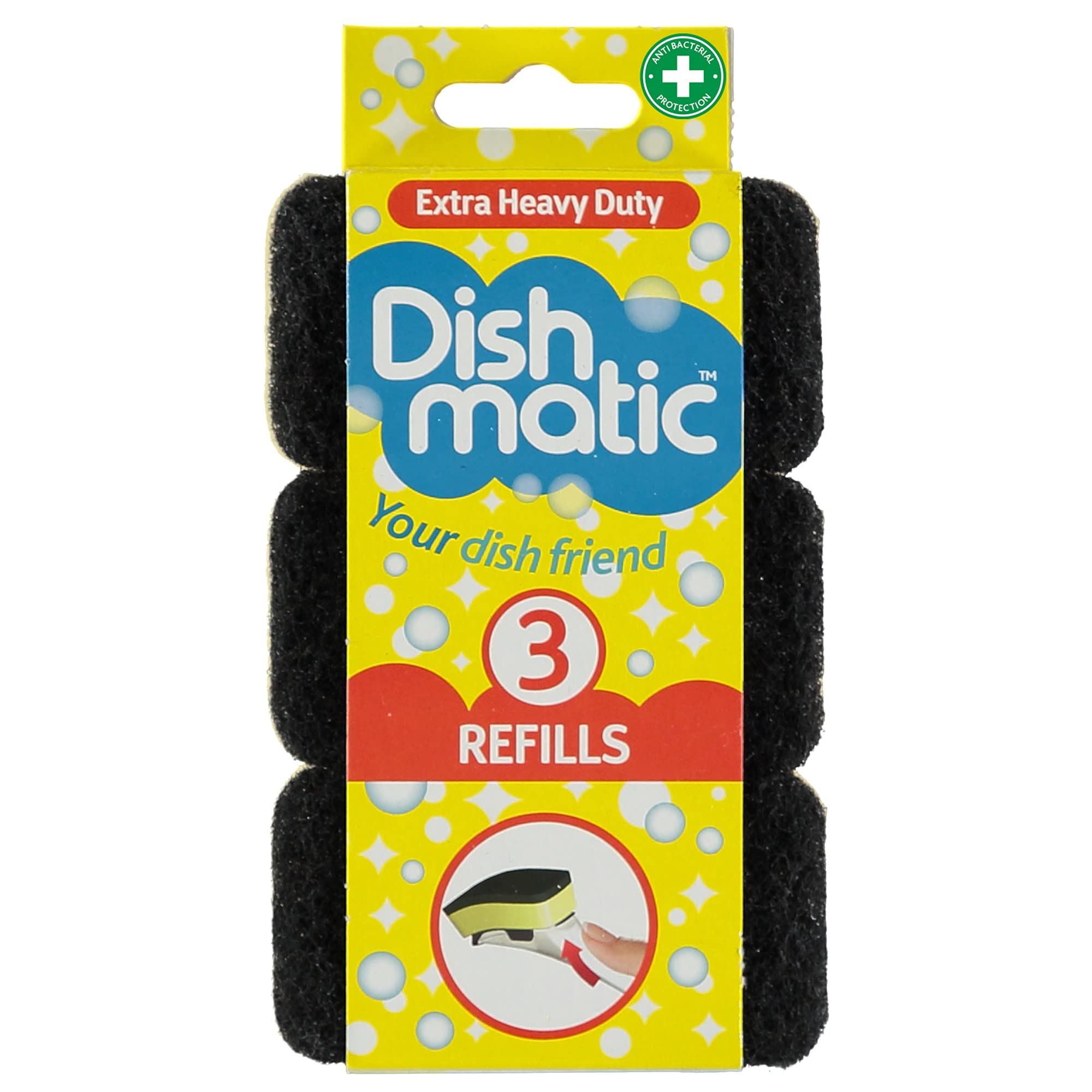 Dishmatic - Extra Heavy-Duty Washing-Up Sponge Refill Heads Black with Antibacterial Layer