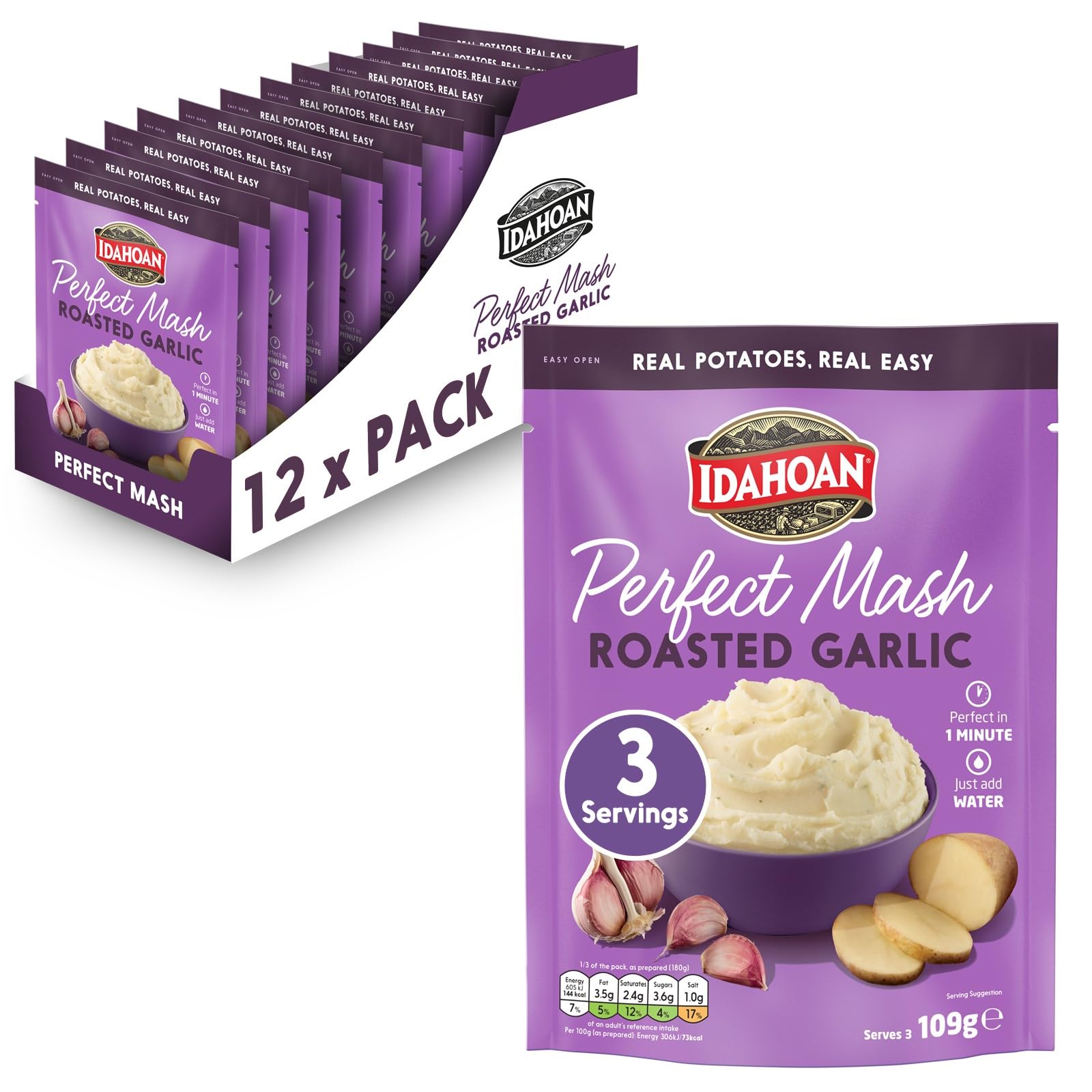 Idahoan Roasted Garlic Mash Potatoes - Gluten Free Vegetarian Instant Mashed Potatoes