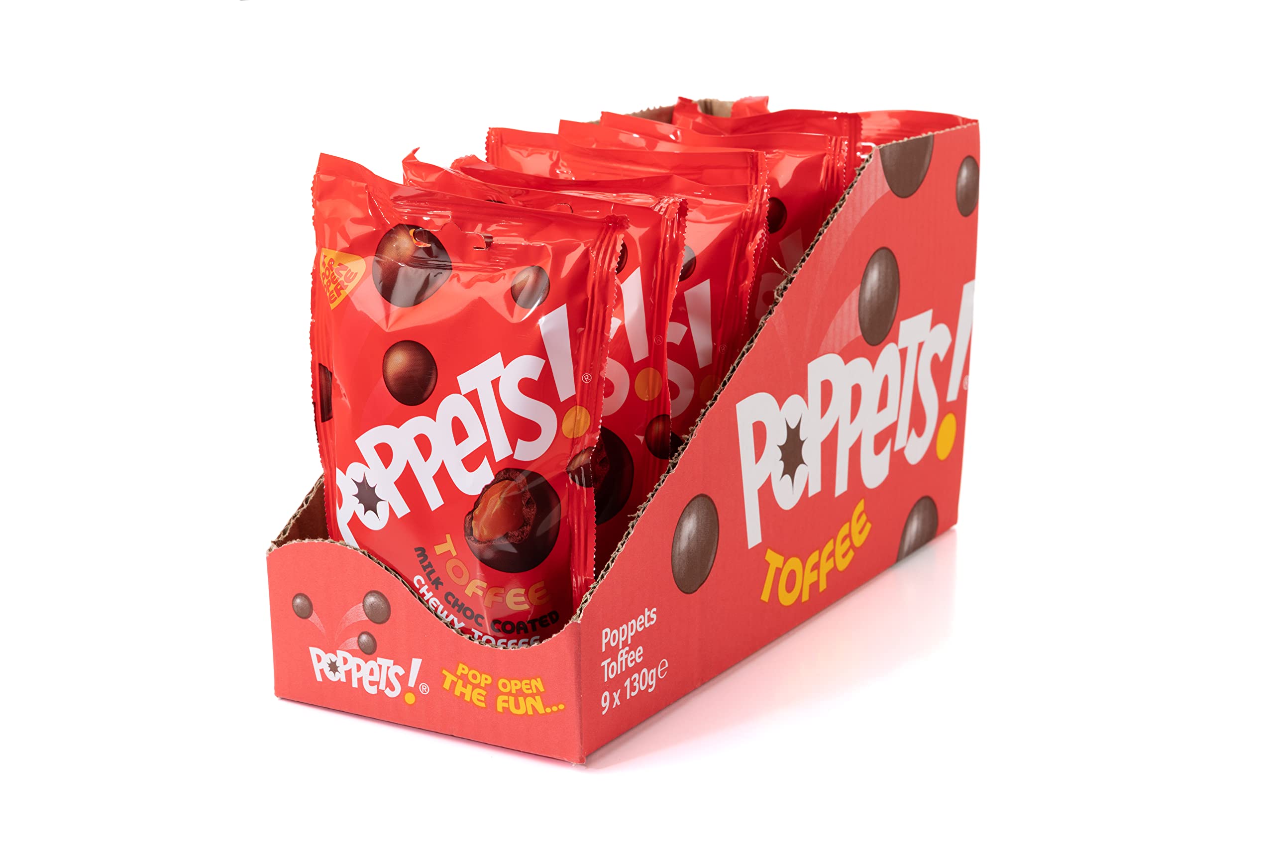 Poppets Milk Chocolate Coated Chewy Toffee Pouch 130g (Pack of 9)