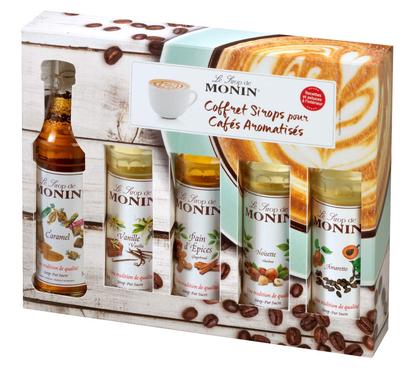 Monin Flavoured Coffee Syrup Gift Set - 5 x 50ml Bottles (Vanilla, Caramel, Hazelnut, Amaretto, Gingerbread)