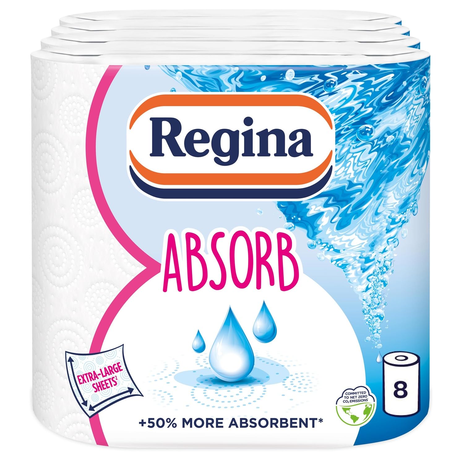 Regina Absorb Kitchen Towels – 8 Rolls, 75 Sheets per Roll, 2-Ply Super Absorbent Paper Towels