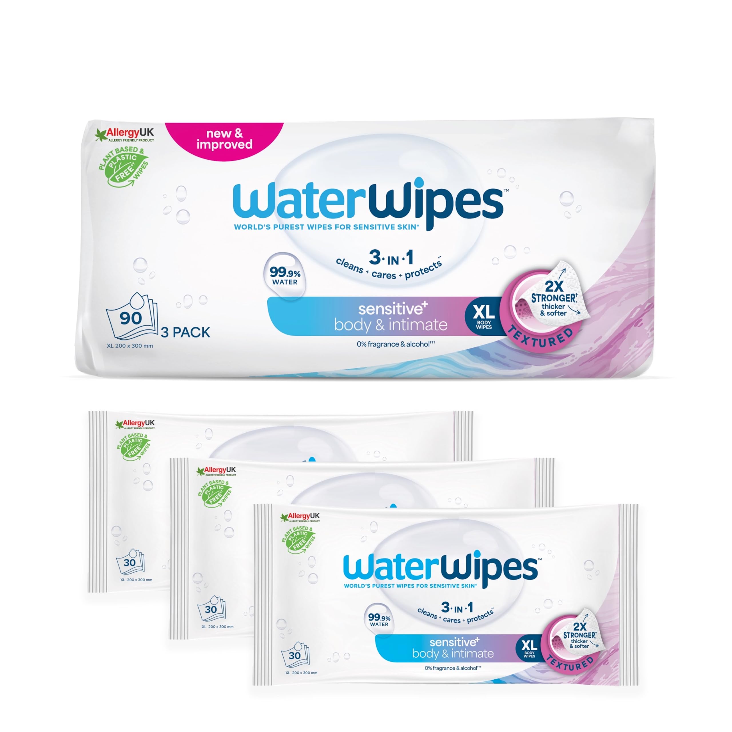 WaterWipes Sensitive+ Body & Intimate Wipes, 90 Wipes (3 Packs) - 3-in-1 Cleansing, Plastic-Free*, Plant-Based Wipes
