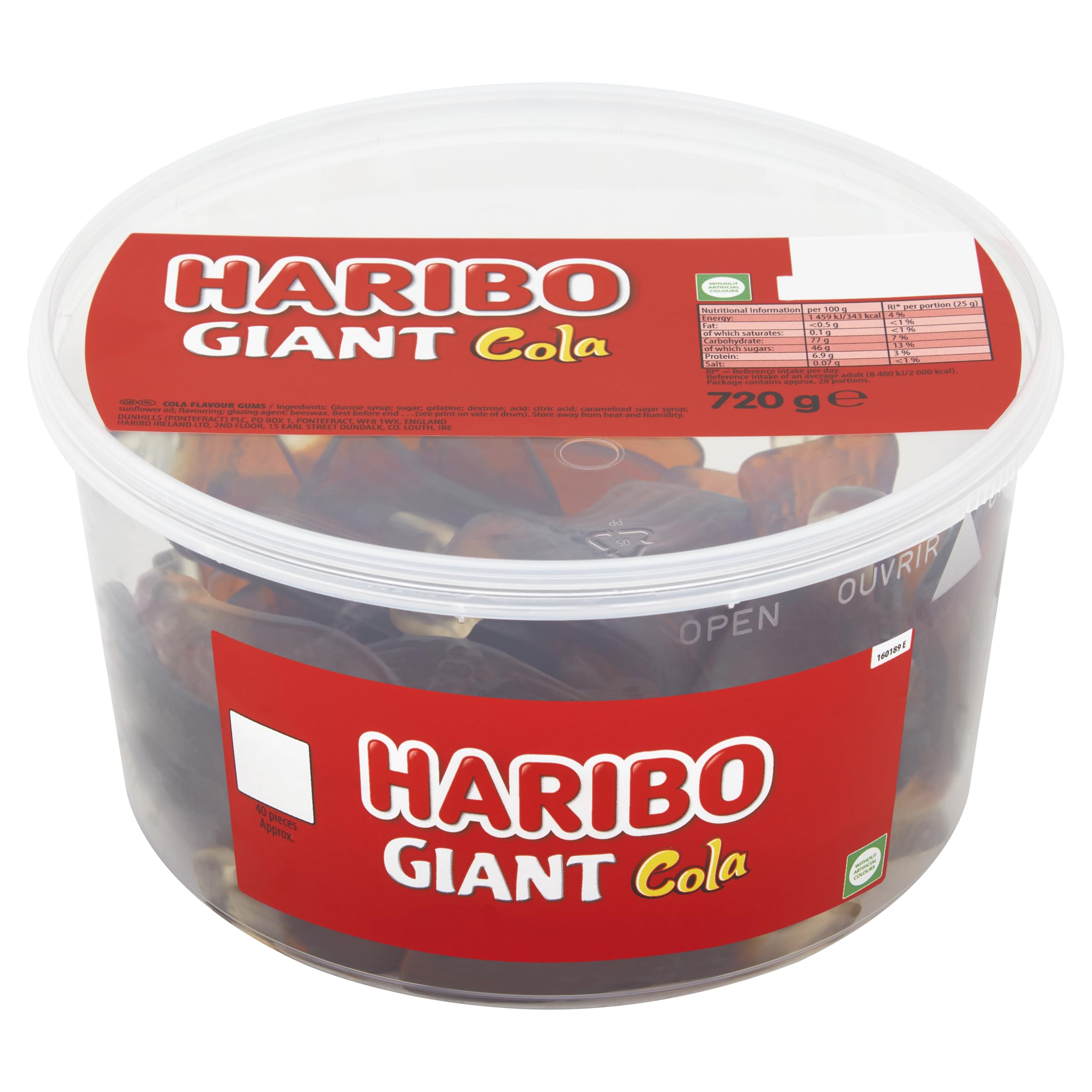 HARIBO Giant Happy Cola Gummy Bottles Sweets Tub (720g) - 40 Pieces