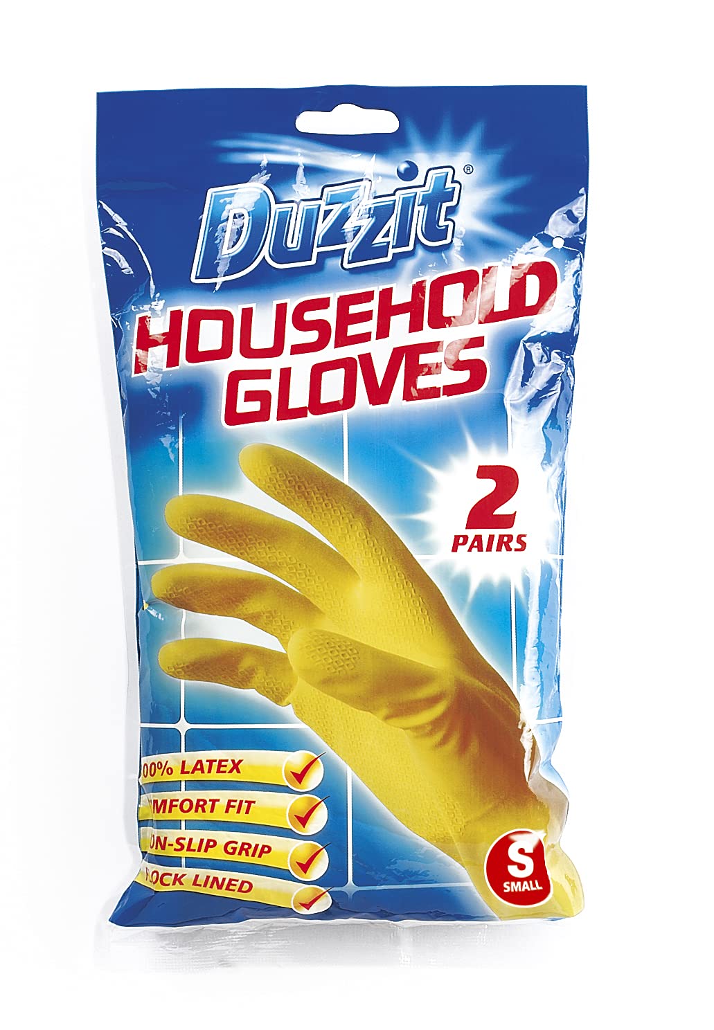 Duzzit - Household Gloves 100% Latex Comfort Fit Flock Lined Pack of 2 Size Small