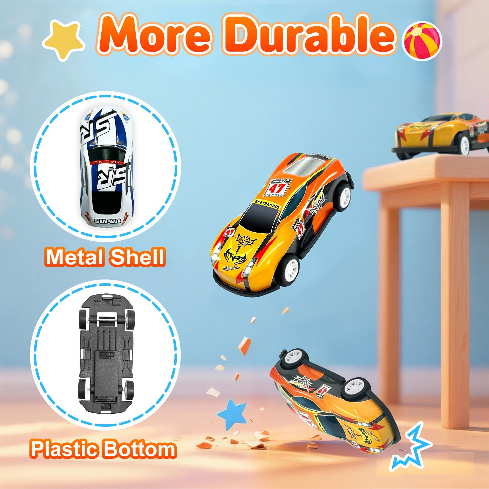 TOYABI 22Pcs Metal Shell Pull-Back Toy Car Set with 8 Roadblocks - Vehicles Playset for Kids