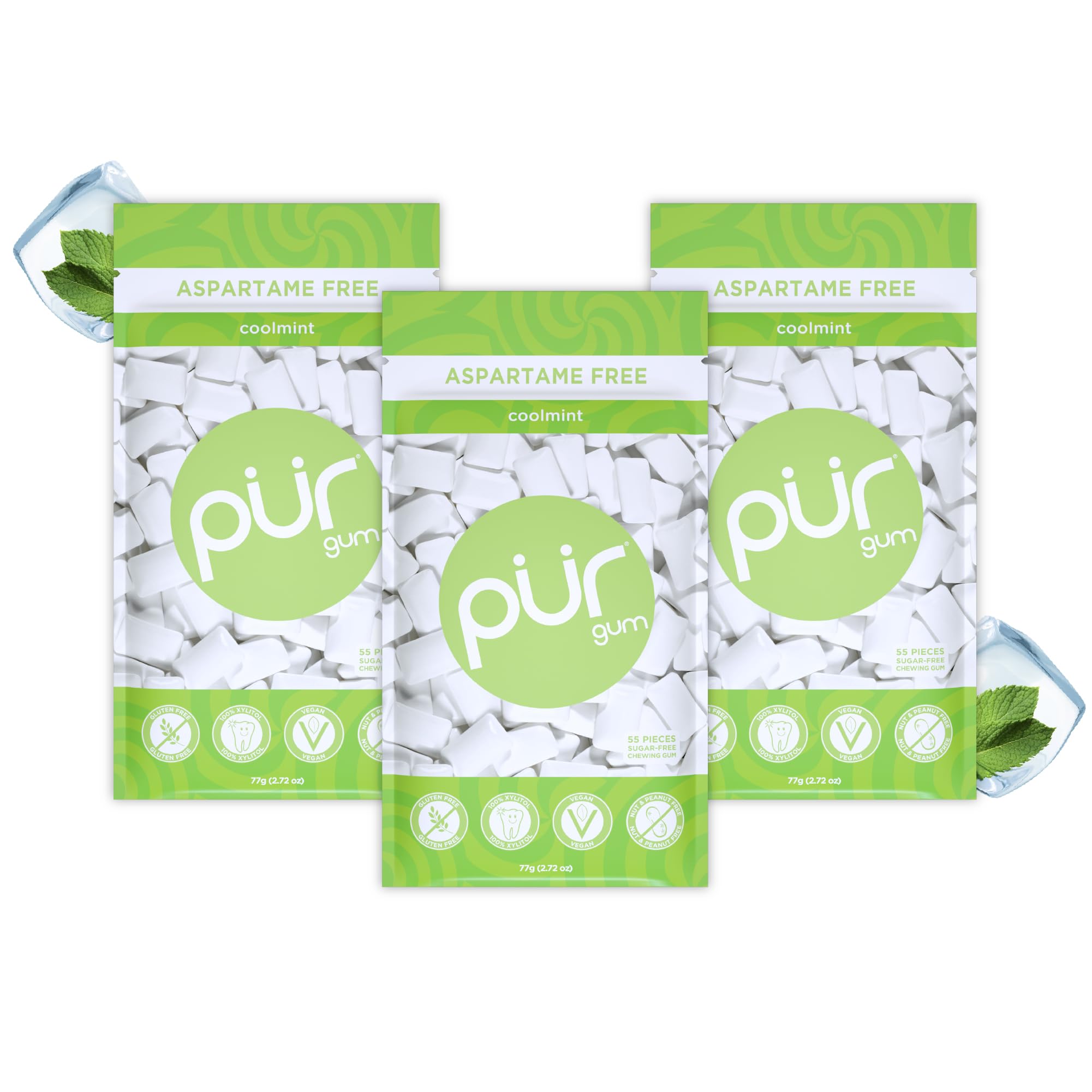 PUR Gum - Natural Coolmint Sugar-Free Chewing Gum (55 Pieces, Pack of 3)
