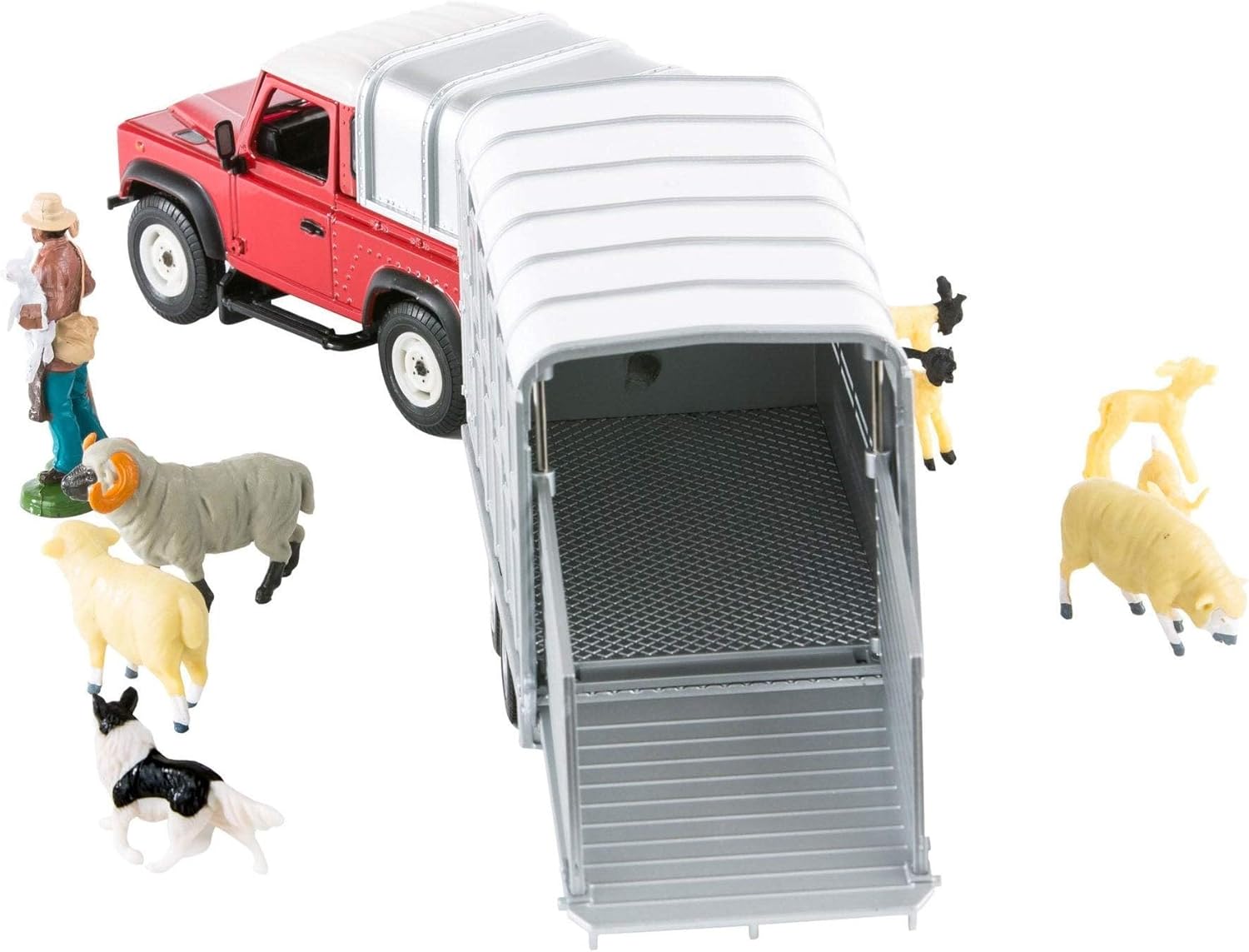 Britains 1:32 Sheep Farm Playset with Land Rover 90, Trailer, Farmer & Sheepdog - Farm Animal Toys for Kids 3+