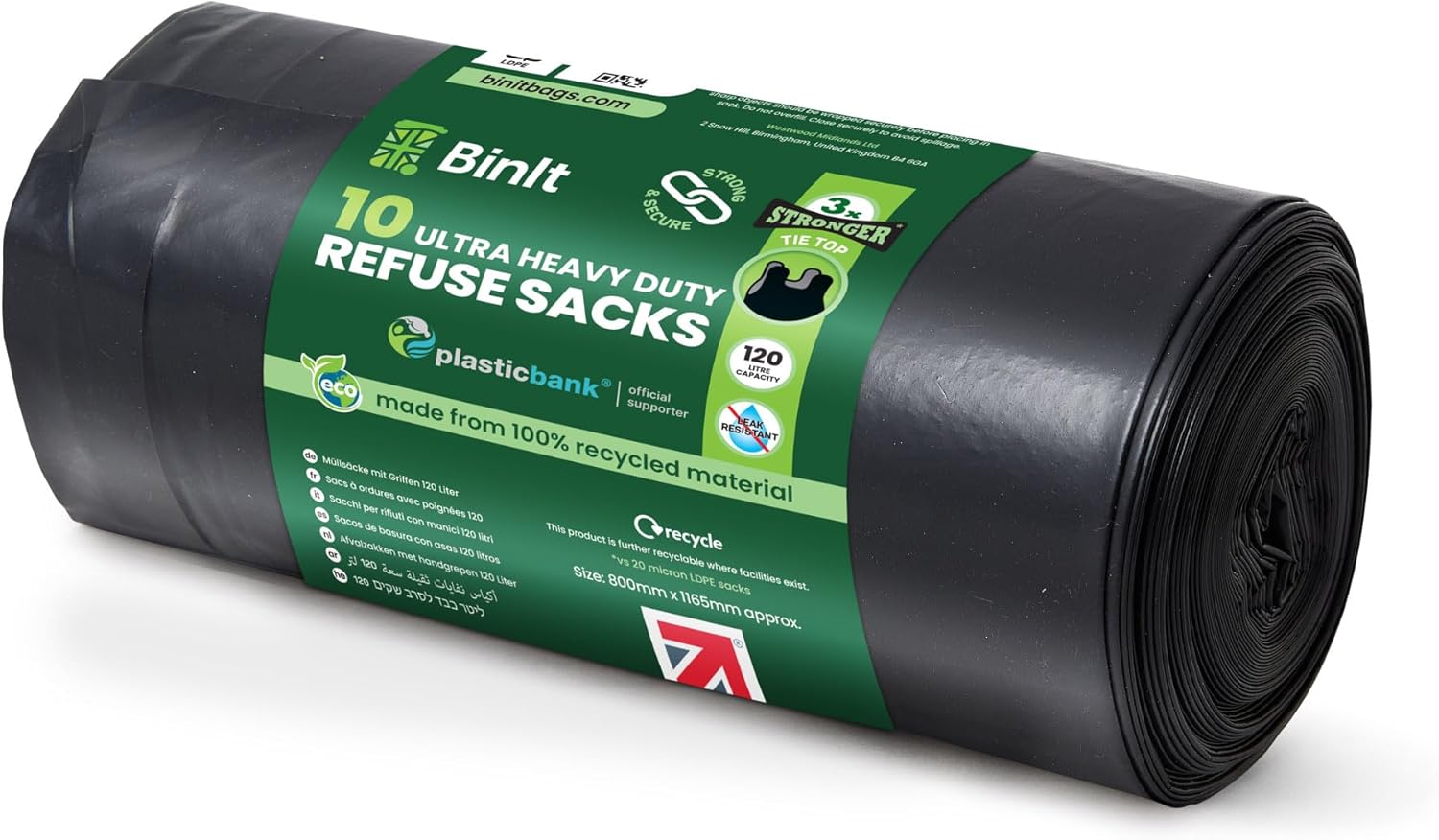 BIN IT 10 Tie Top Ultra Heavy Duty 120L Refuse Sacks - 60μm Recycled LDPE Bin Bags