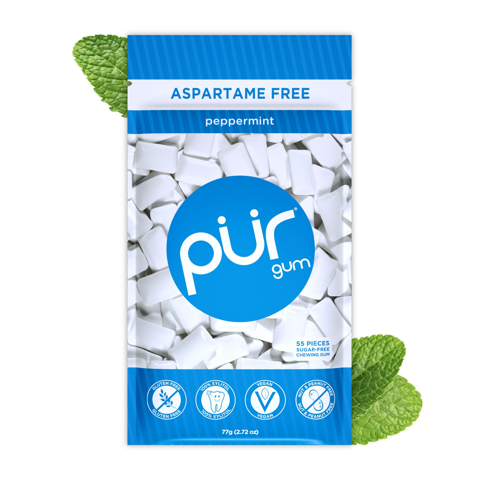 PUR - Peppermint Chewing Gum (55 Pieces, Sugar-Free, Xylitol-Sweetened)
