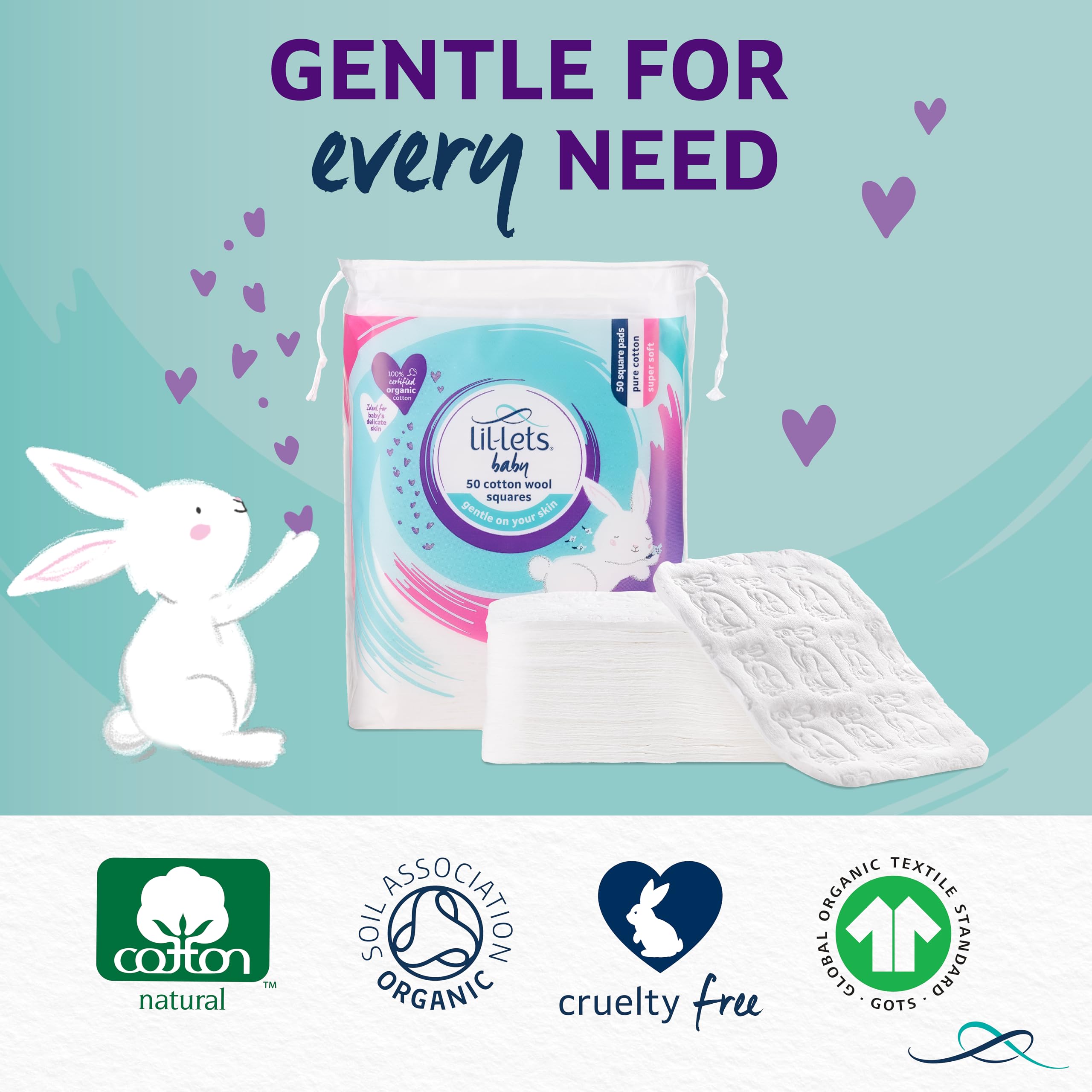 Lil-Lets Baby Cotton Squares 50 Count - 100% Pure Organic Cotton, GOTS Certified