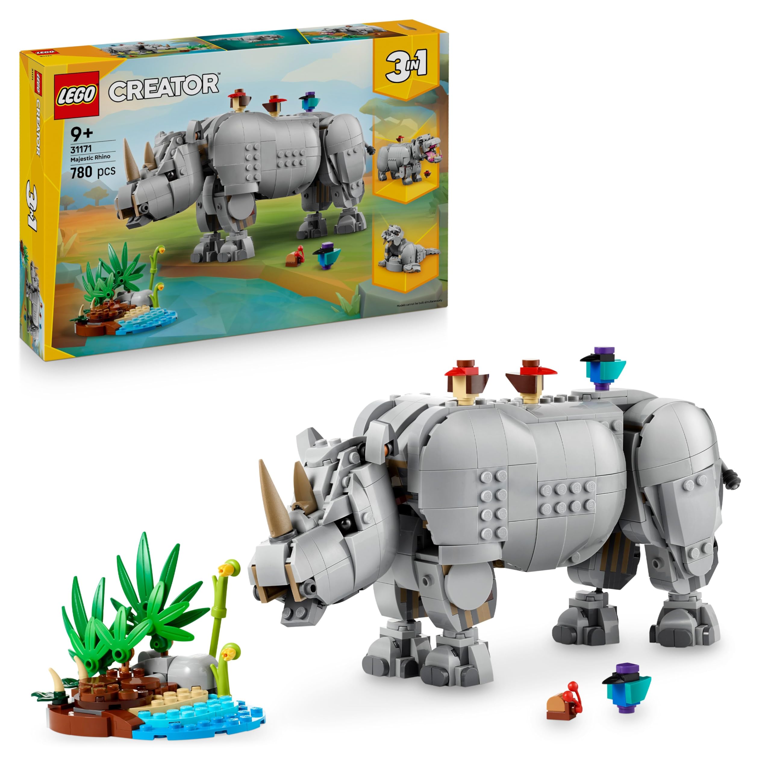 LEGO Creator 3in1 Wild Animals: Majestic Rhino with Birds Toy - Building Set for Ages 9+