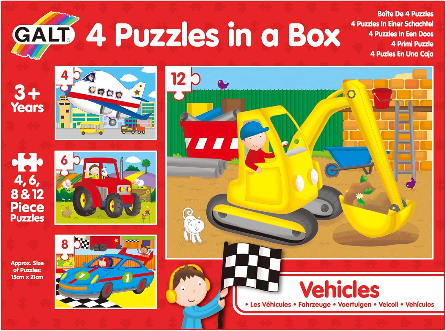 Galt Toys 4 Puzzles in a Box - Vehicles Educational Jigsaw Puzzle Set for Kids 3 Years+