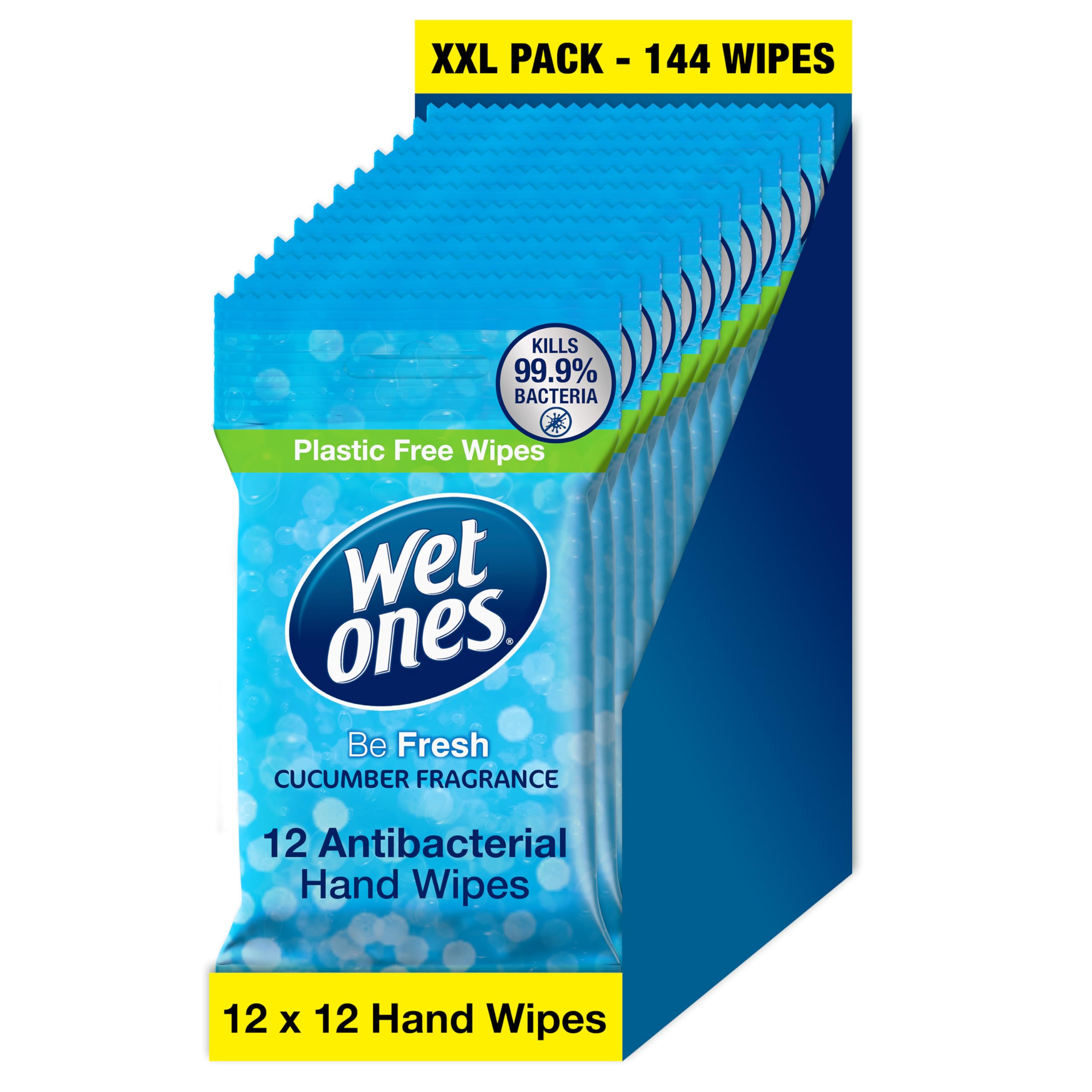 Wet Ones - Be Fresh Antibacterial Pocket Hand Wipes - Plastic Free, Biodegradable - 12 Packs x 12 Wipes (144 Total)