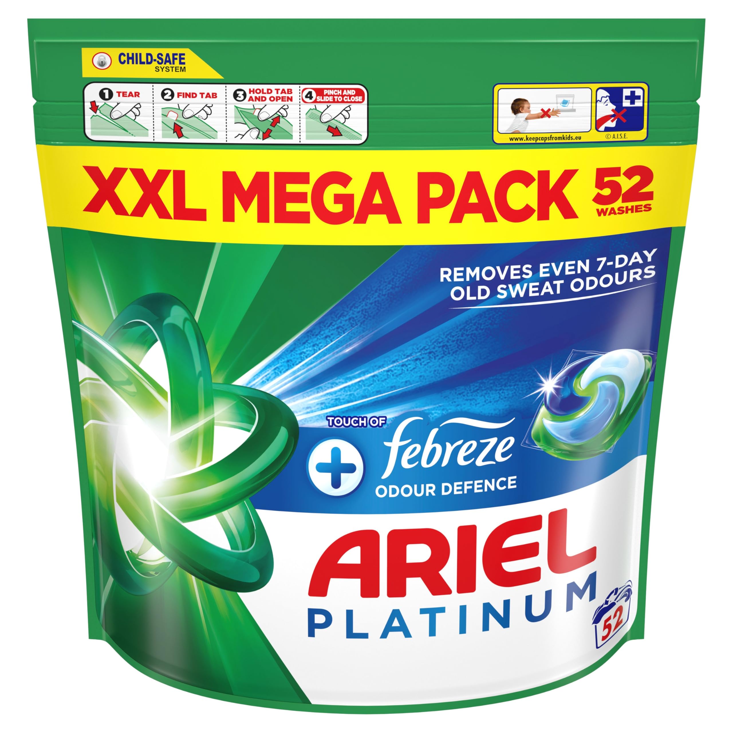 Ariel - Platinum PODS Washing Liquid Laundry Detergent Capsules 52 Washes + Touch of Febreze Odour Defence