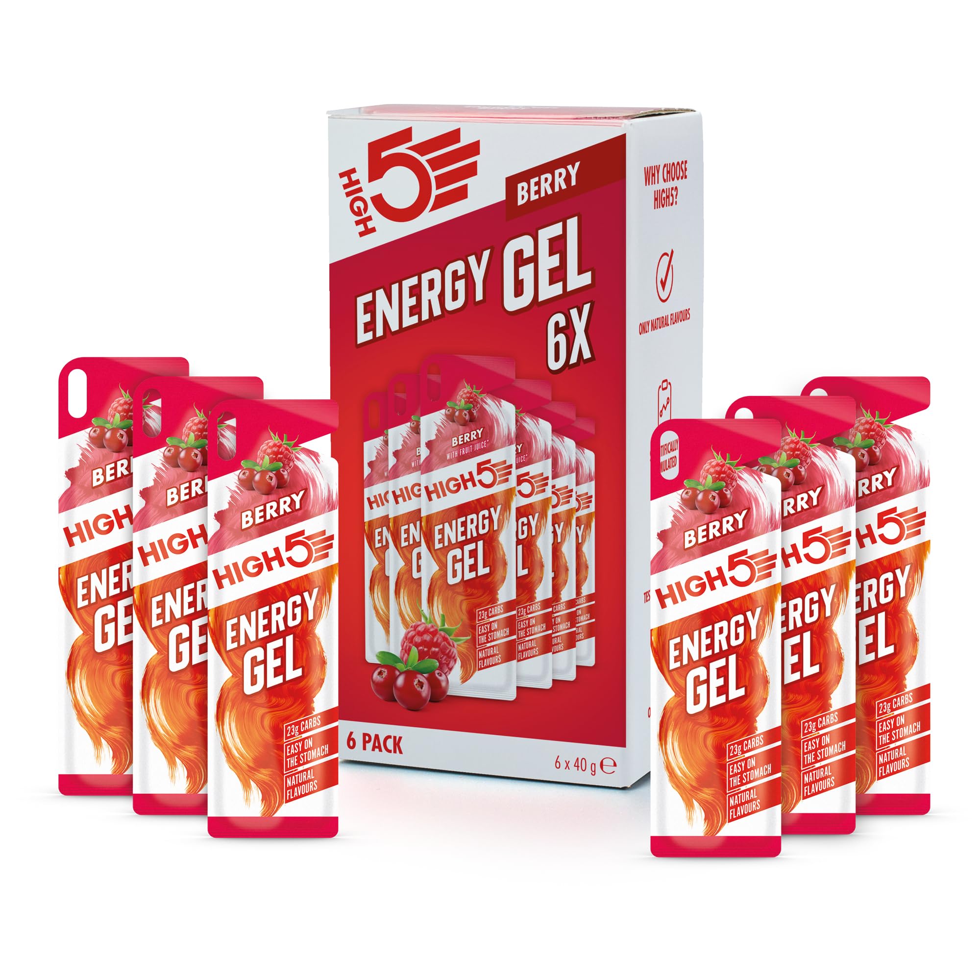 HIGH5 Energy Gel - Carb Gels for Running & Cycling - 23g Carbs, Vegan, Caffeine-Free - Berry (6 x 40g)