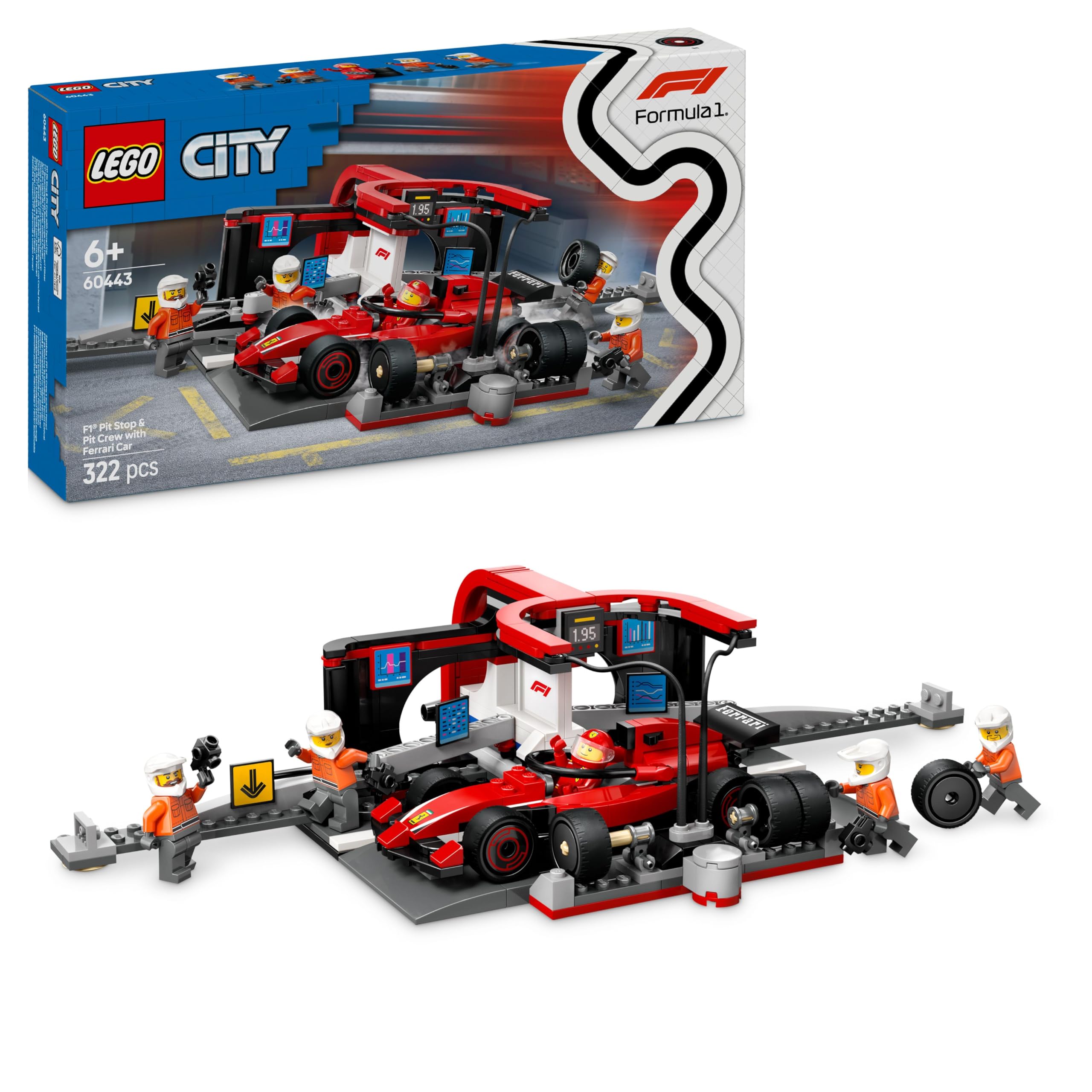 LEGO City F1 Pit Stop & Pit Crew with Ferrari Car Toy - 322-Piece Building Set for Ages 6+
