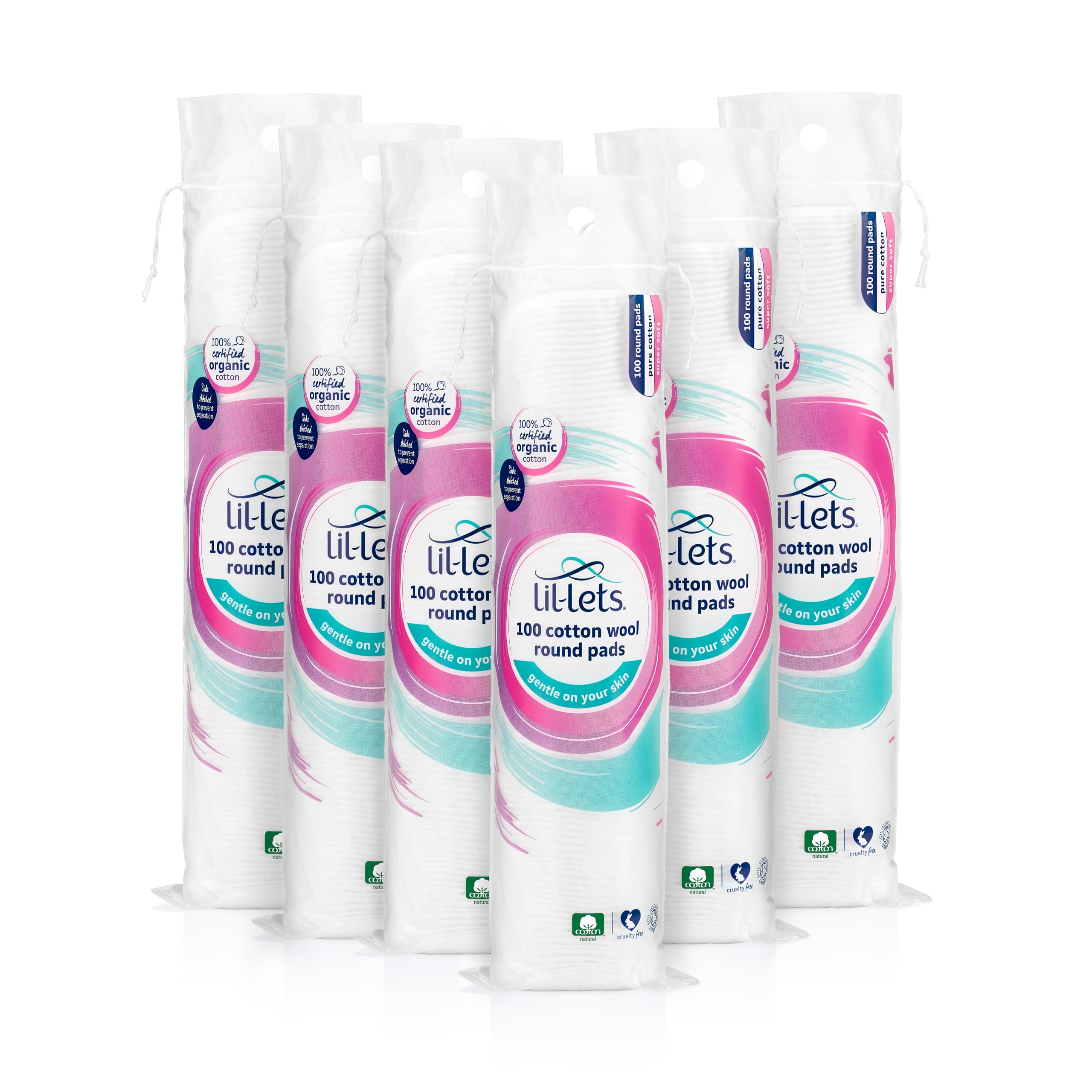 Lil-Lets Organic Cotton Wool Round Pads (6 x 100 Count) - GOTS Certified, Dermatologically Tested