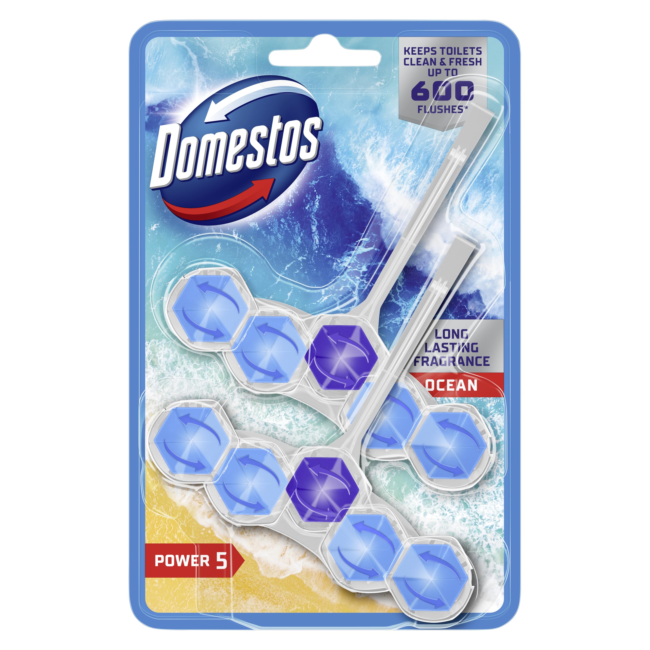 Domestos Power 5 Ocean Toilet Rim Blocks 2x 50 g - Long-Lasting Toilet Freshener with 5 Benefits