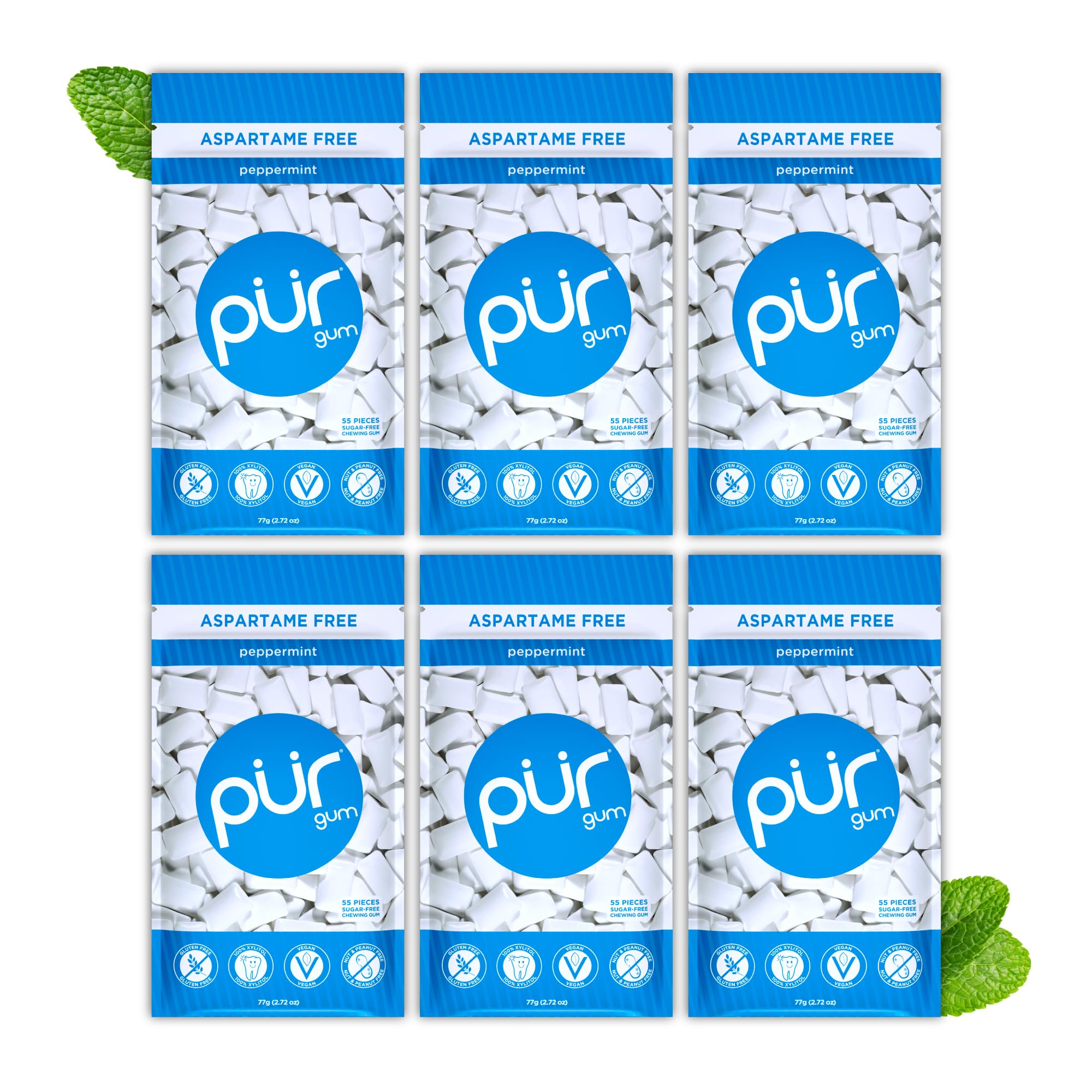 PUR - Peppermint Sugar-Free Chewing Gum (55 Pieces, Pack of 6)