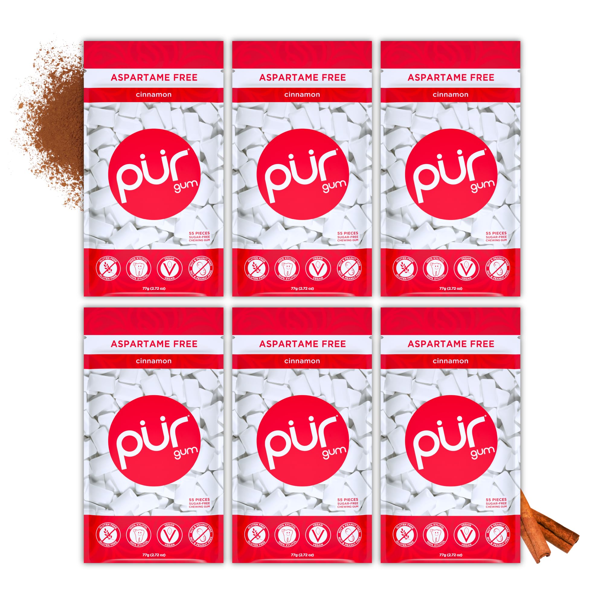 PUR - Natural Cinnamon Sugar Free Chewing Gum, Made with Xylitol, Vegan & Aspartame Free, 55 Pieces (Pack of 6)