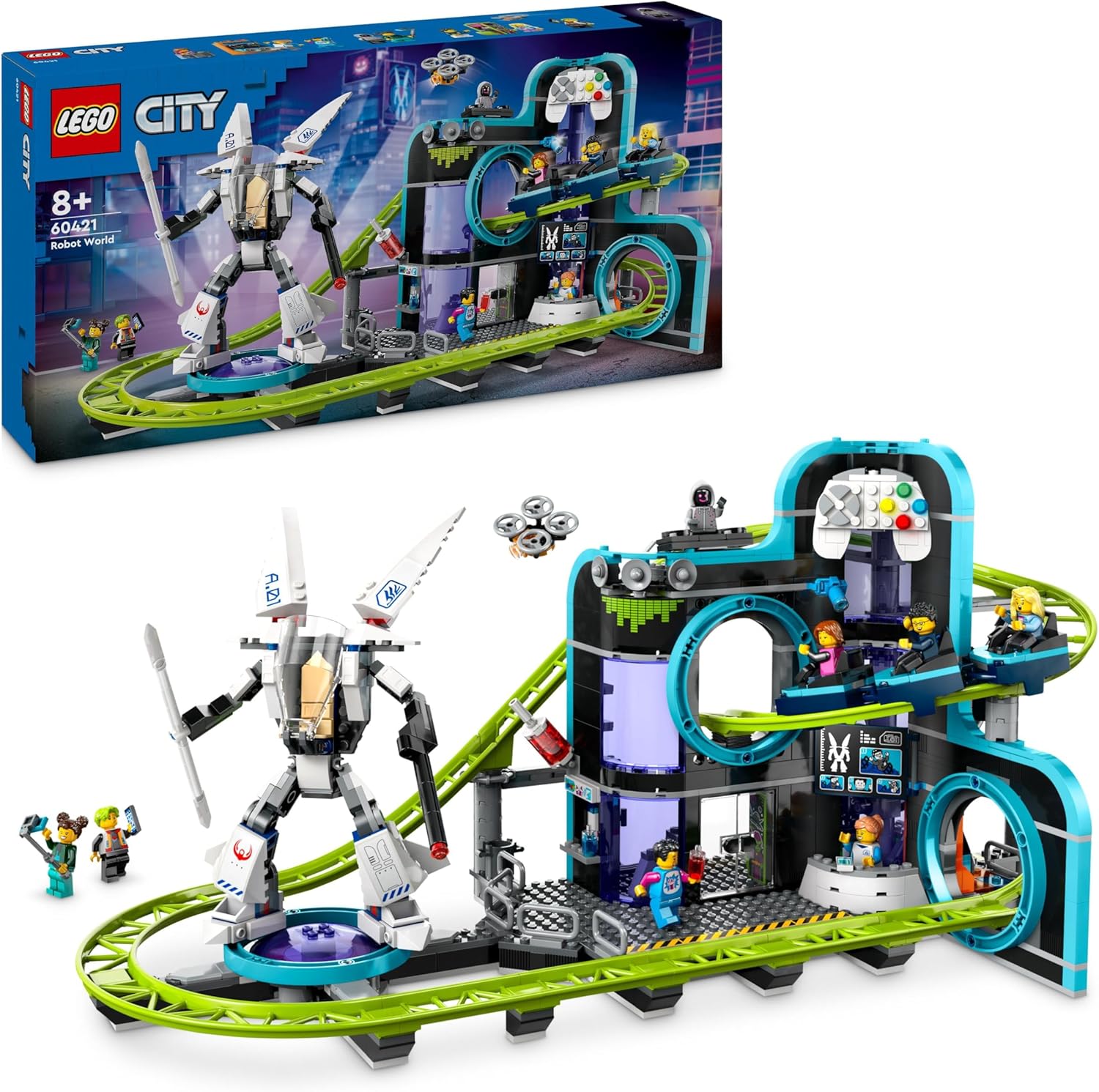 LEGO City Robot World Roller-Coaster Park Set 60421 - Building Toy with Mech, Arcade & Minifigures