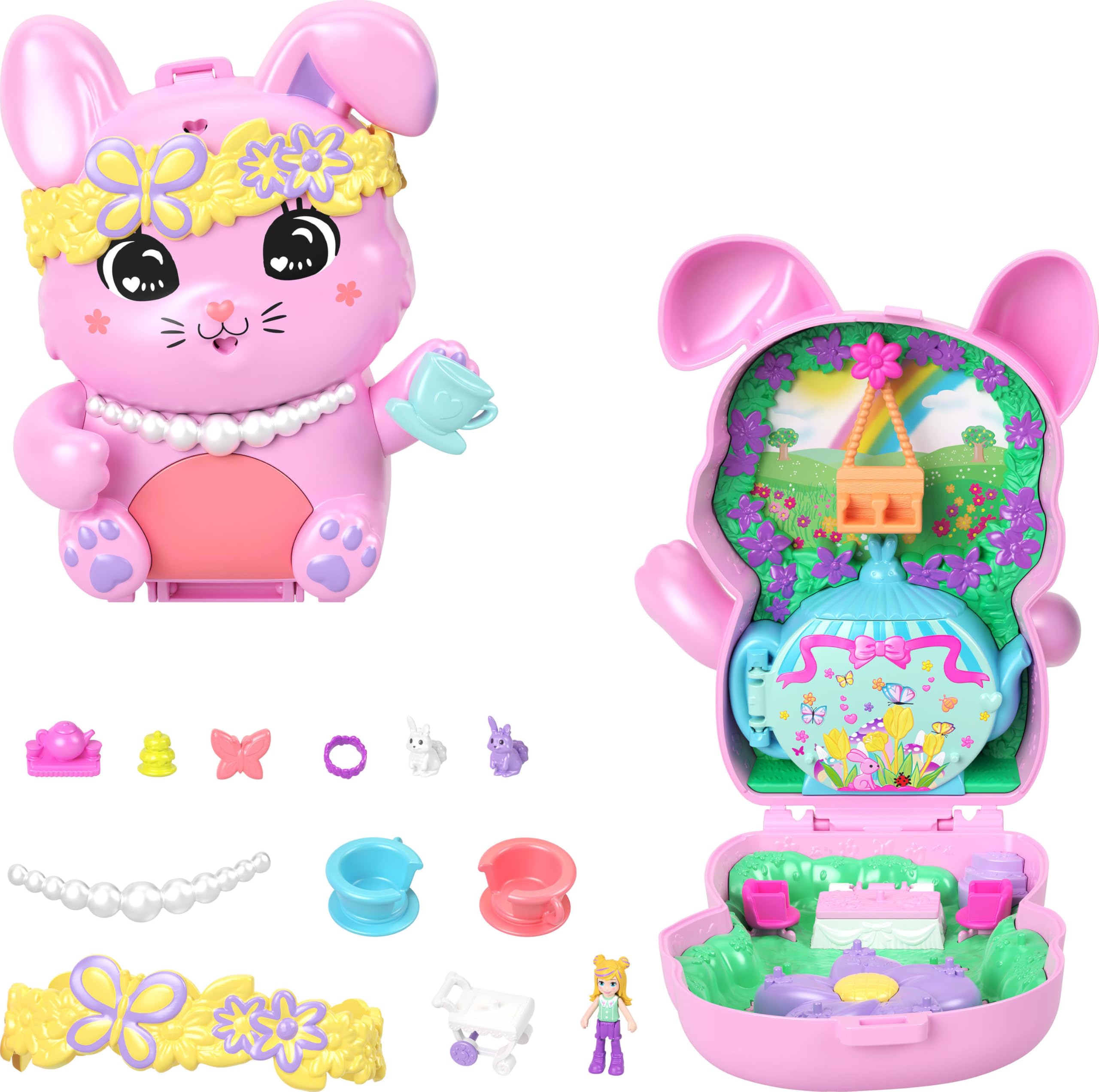Polly Pocket Tea Party Bunny Compact Playset - Doll with 10 Accessories & 2 Pet Bunnies, Ages 4+