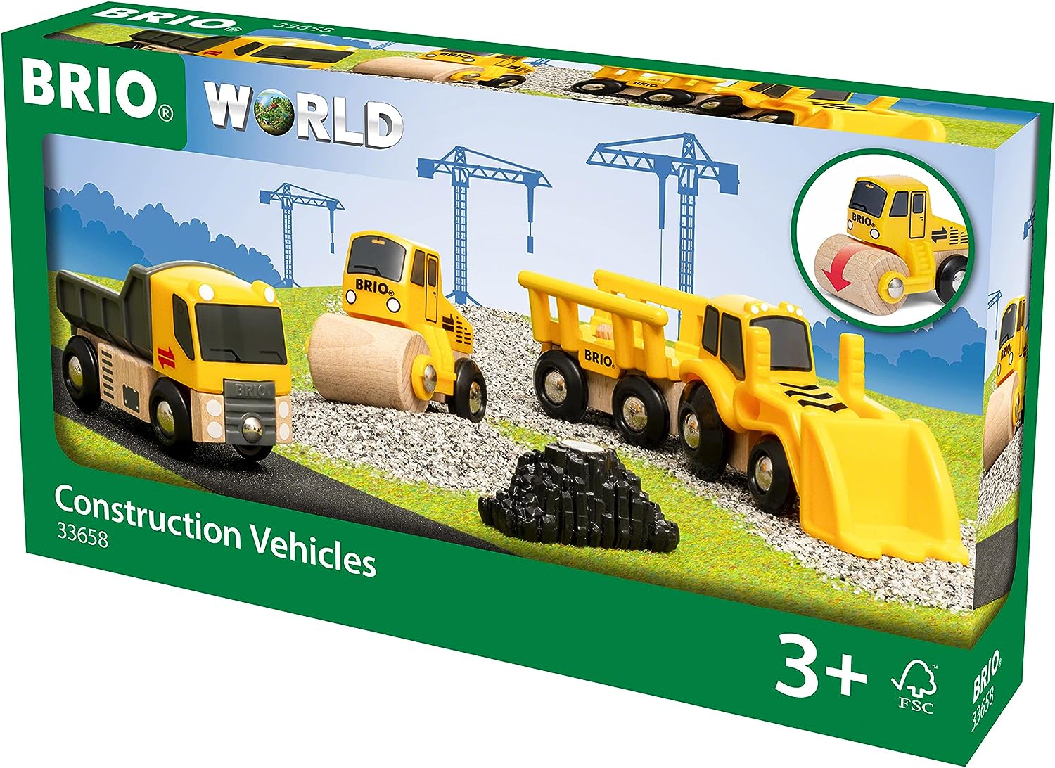 BRIO 33658 Construction Vehicles Train Set - 5-Piece Wooden Toy Truck Set for Kids