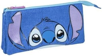 CERD� LIFE'S LITTLE MOMENTS Stitch 3 Compartment Pencil Case - Blue - 22.5 x 2 x