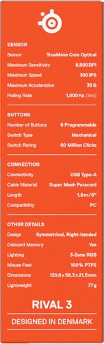 SteelSeries Rival 3 Gen 2 Gaming Mouse - 8500 DPI TrueMove Core Optical Sensor, 1.35ms Click Latency, RGB Lighting 22