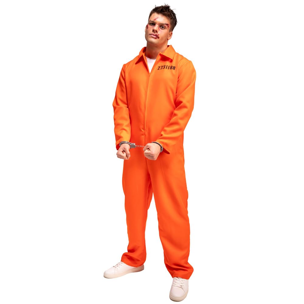 Wicked Costumes Men's Orange Convict Costume with Handcuffs & ID Board - Adult Fancy Dress 2