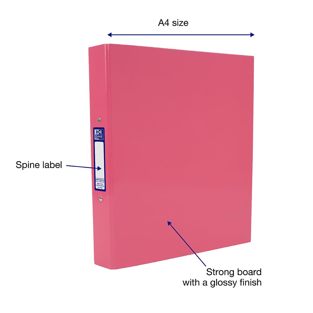 Oxford Premium A4 Ring Binder, Pink Single Folder, 25mm Capacity, Laminated Paper on Board