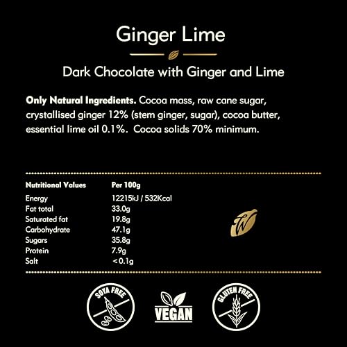 Willie's Cacao Ginger & Lime 70% Dark Chocolate Bar - 50g - Vegan, Gluten Free, Soya Free