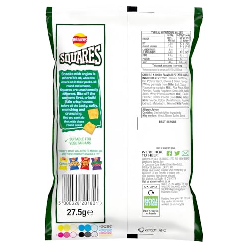 Walkers Squares Cheese and Onion Flavour Potato Snacks, 27.5g (Pack of 32)