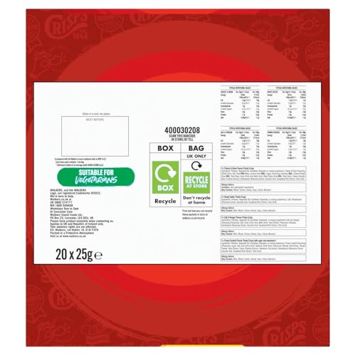 Walkers Classic Variety Multipack Crisps Box 20x25g - Ready Salted, Cheese & Onion, Salt & Vinegar, Prawn Cocktail