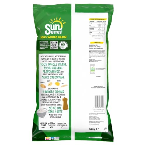 Sunbites Sour Cream & Cracked Black Pepper Wholegrain Snacks, 6x25g Multipack