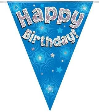 Happy Birthday Blue Holographic Foil Party Bunting - 3.9m Long, 11 Flags 1