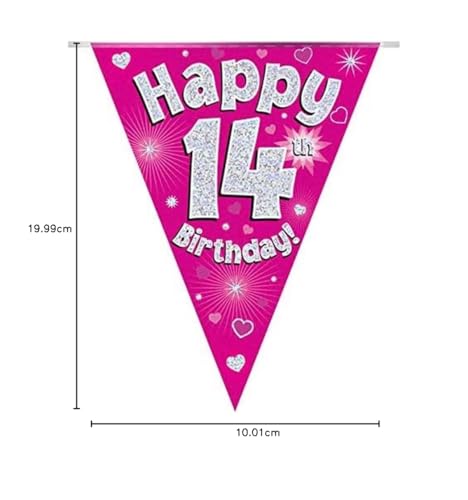 OAKTREE UK 630680 Party Bunting Happy 14th Birthday - Pink Holographic 11 Flags 3.9m 2