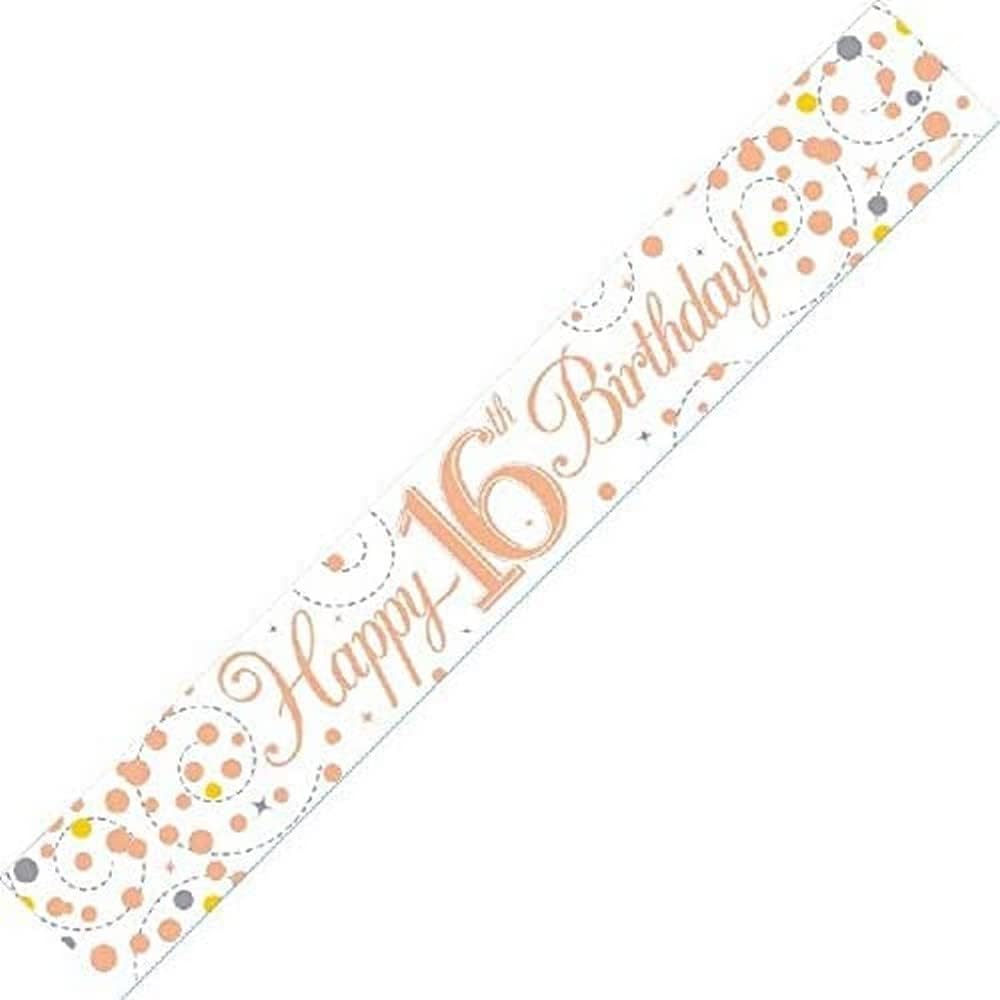 9ft Sparkling Fizz 16th Birthday Banner - Rose Gold Holographic 1